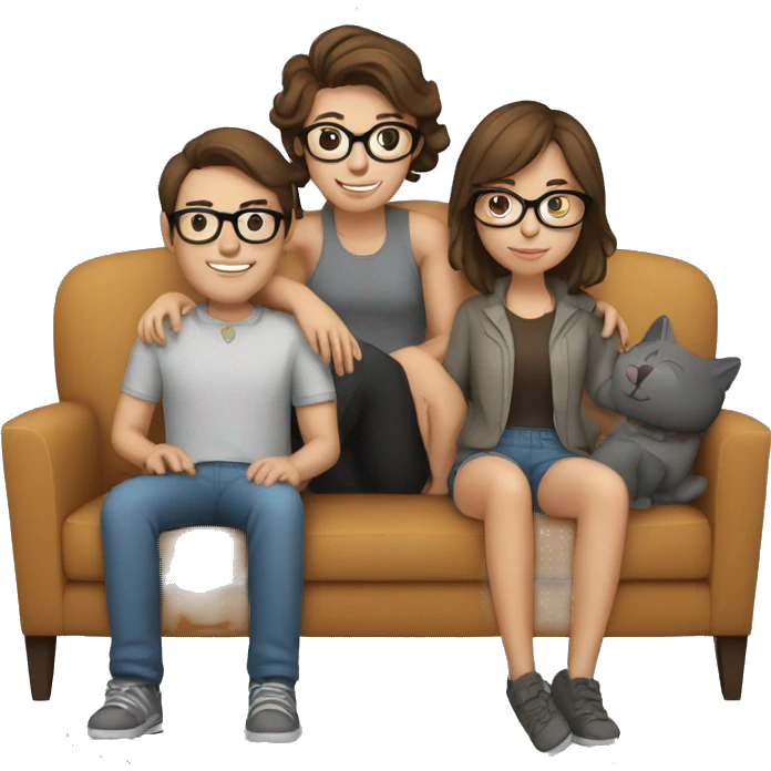 a couple, girl brown hair, glasses, man brown air and 2 cats in a gray couch emoji