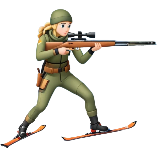 An icon showing a snowy landscape with pine trees, mountains, and a clear sky with a biathlete aiming a rifle in the foreground, wearing winter gear and skis. Transparent background emphasizes the precision, endurance, and beauty of this winter sport. emoji