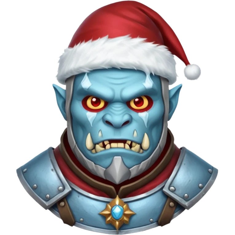 
Fantasy Christmas orc legion soldier icon, iron tundra army theme, heavy winter armor, disciplined brutal look, icy blue steel armor with deep crimson accents, frozen metal texture, cold winter atmosphere, male variant emoji