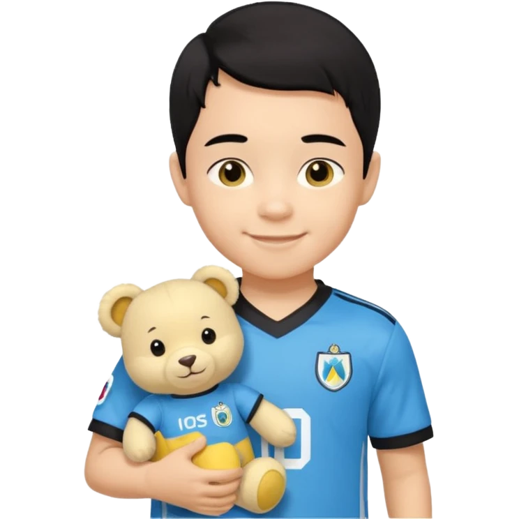 Un enfant qui a les cheveux noir sur le coter qui sourit il a un maillot de l’om et qui a un petit doudou jaune sur son epaule emoji