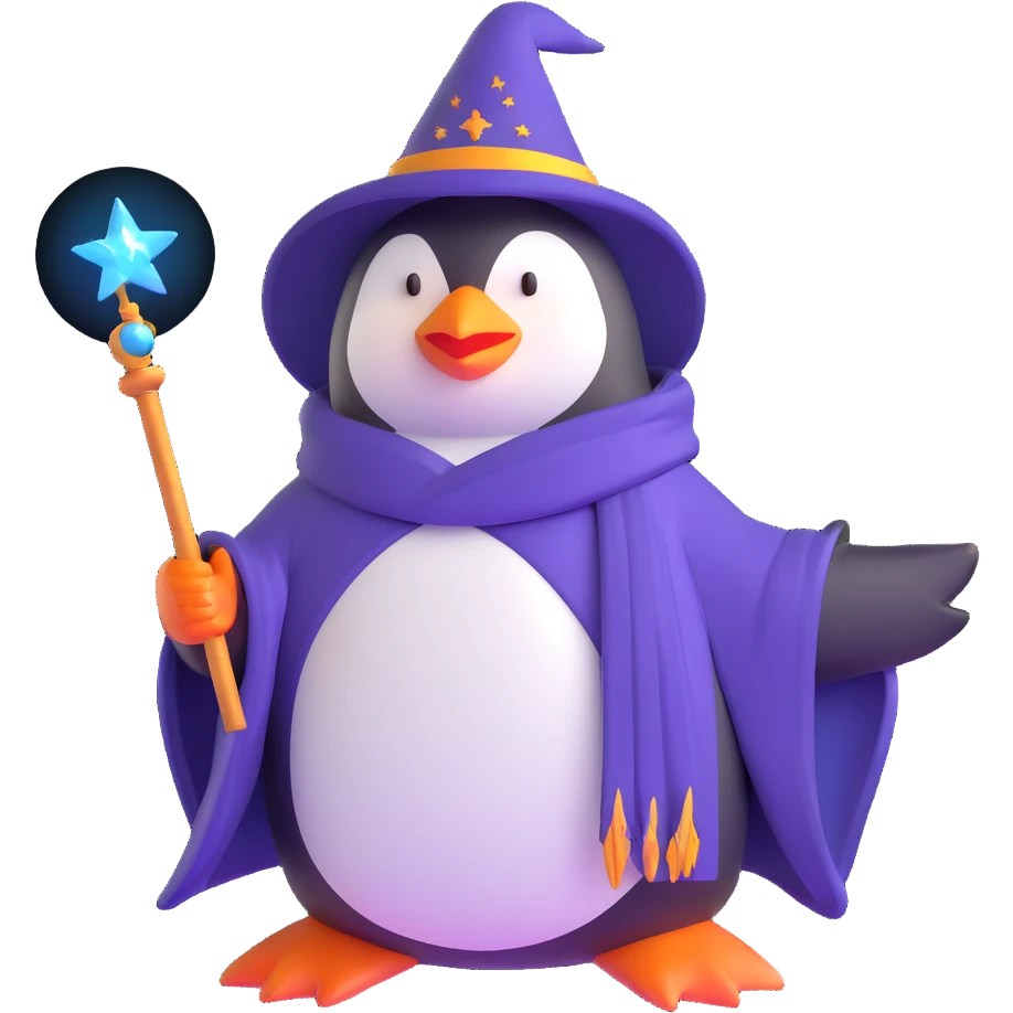 penguin wizard with magic staff and wizard robe emoji