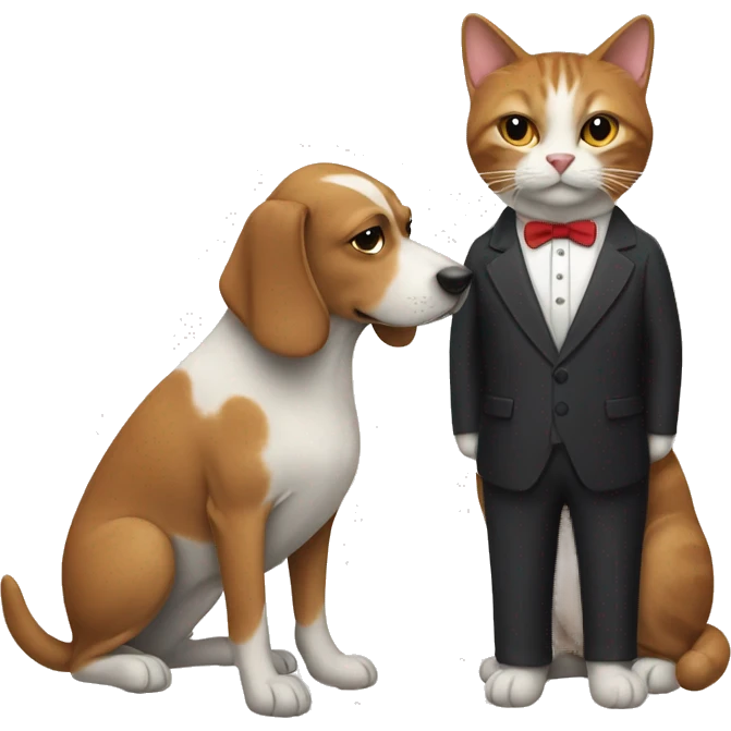 
a dog in a red dress and a cat in an elegant suit emoji