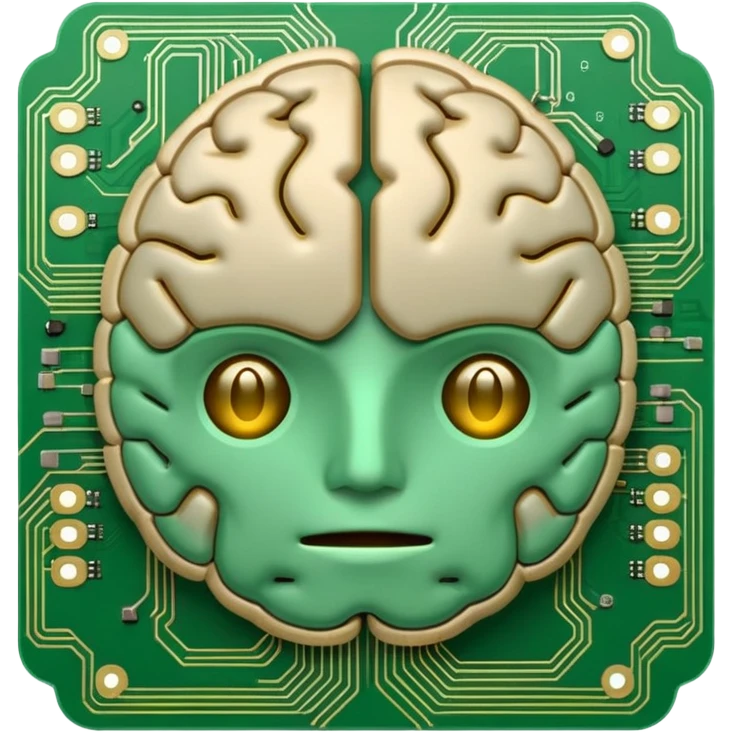 brain emoji designed in the style of a computer circuit board, with green and gold traces, electronic components, and a tech-inspired look emoji