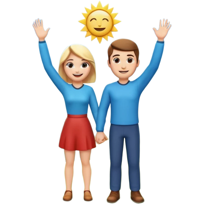 A 3D cartoon couple on top of a hill raising hands in victory, sunny sky and nature background, Memoji-style. emoji