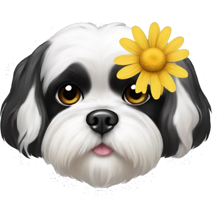 Black and white shih tzu long ears with a daisy  emoji