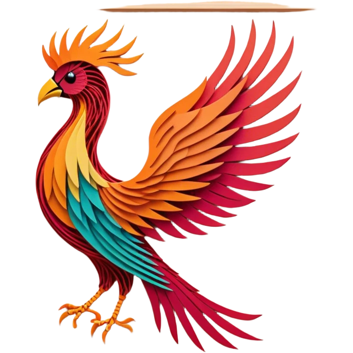 String art icon, colorful threads forming a large, intricate phoenix (firebird) design, geometric patterns, pins on a board, vibrant colors, minimalistic style, clean lines, transparent background. emoji