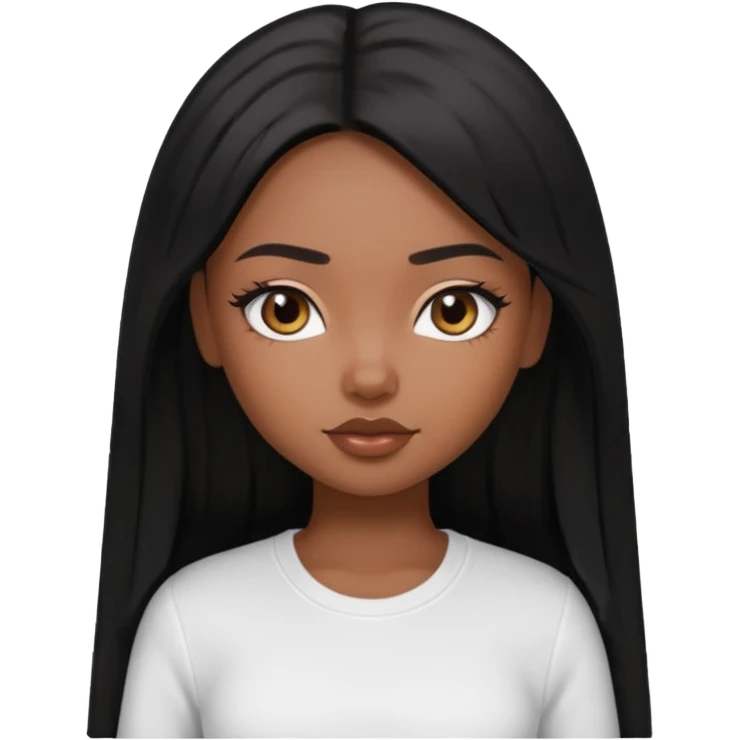 a pretty bratz brown girl with long straight black color hair and a white full sleeve emoji