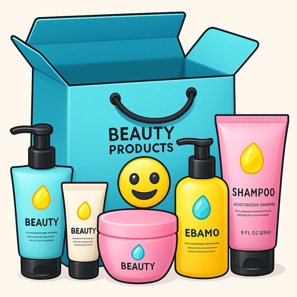 Gift bag with beauty products (shampoo, creams, styling products), a gift bag is beautyful open box with luxury brand-labeled beauty products standing nearby, emoji style, blue bag emoji