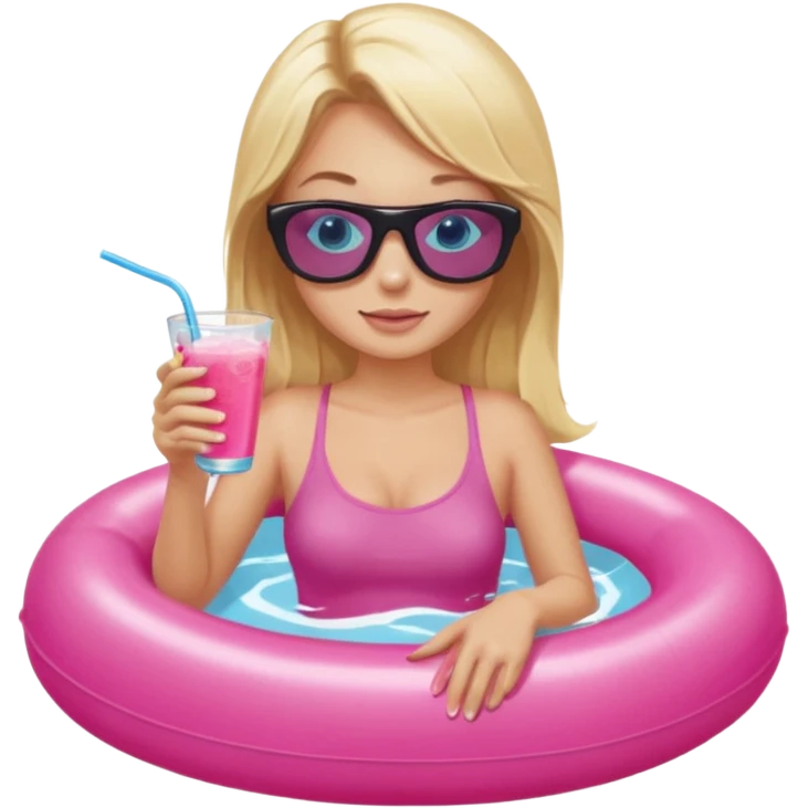 woman with blonde hair and blue eyes sitting in pink pool tube in a pool sipping a drink emoji