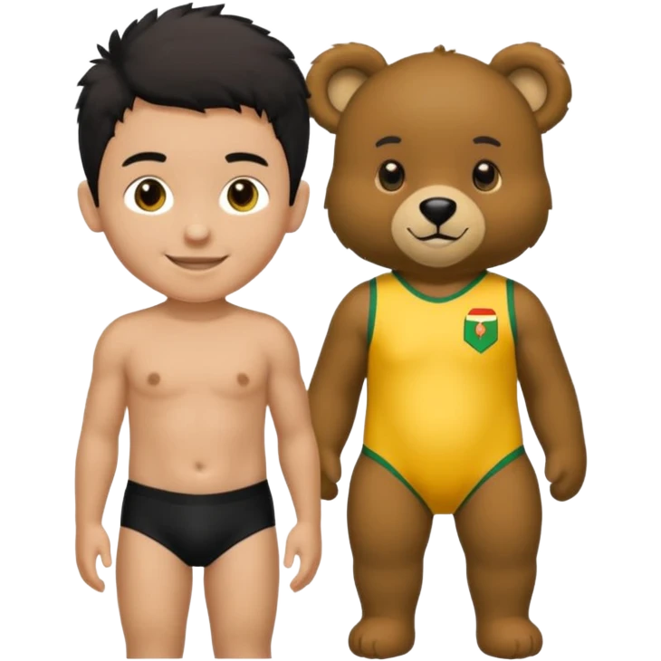 Une garçon qui a les cheveux noir qui sourit il a un maillot de l’algerie et qui a un doudou sur son epaule un ours jaune qui a des habille noir emoji