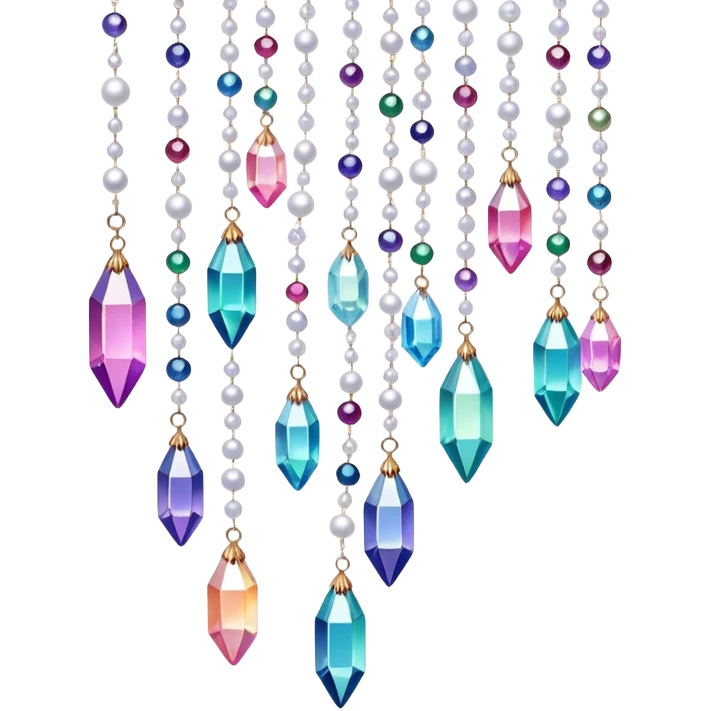 Iridescent glistening glossy sparkly shiny glittery hanging crystals pearls and beads and gemstones scenery scenic decorations emoji