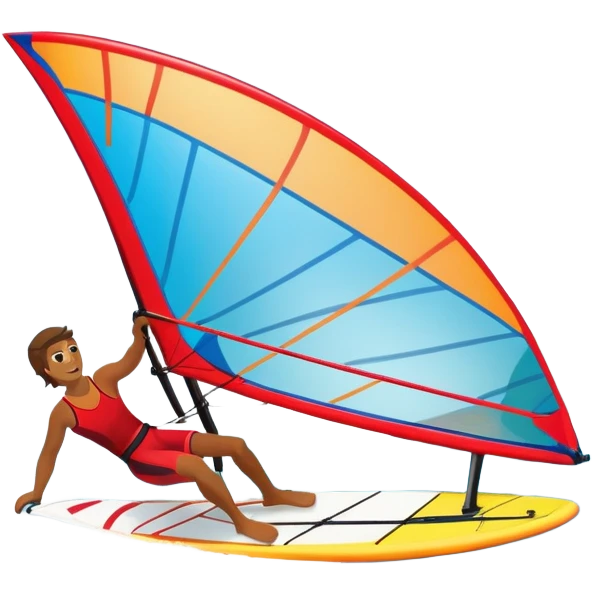 A windsurfer gliding across the ocean, with a vibrant sail catching the wind. The scene captures the motion of the board riding the ocean waves, surrounded by the bright blue sky and ocean, symbolizing the excitement and skill required in the sport of windsurfing. emoji