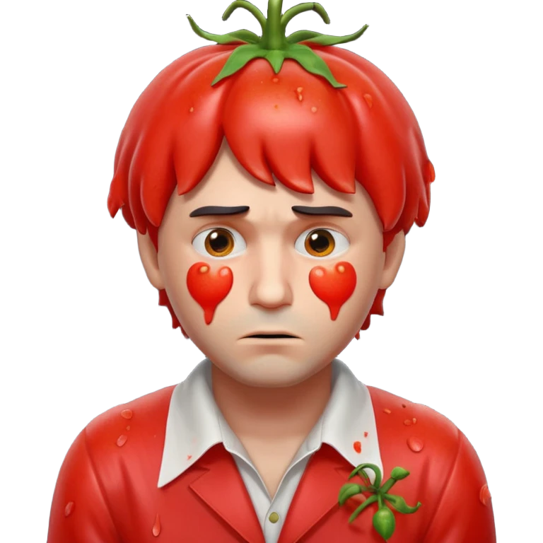 tragic stage performer portrait, head and shoulders only, tomatoes thrown at him, sad embarrassed face, messy costume, cinematic lighting, 3D cartoon, mobile game icon style, clean background, no text, no watermark
 emoji