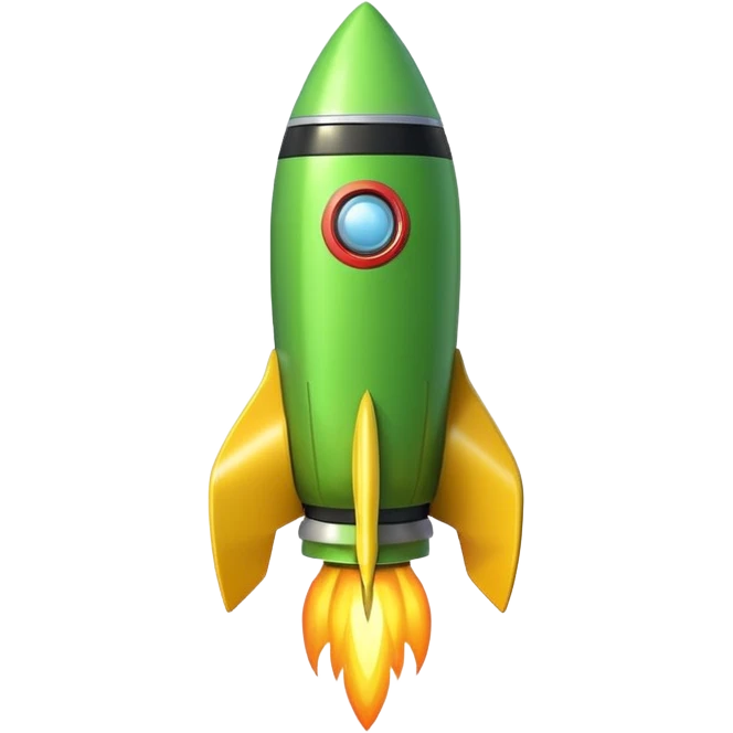 A single rocket, colored in yellow and neon green, glossy and smooth, cartoonish, vibrant colors, high detail, simple and cute design, isolated on white background, centered composition emoji