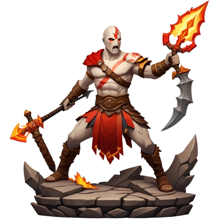 An icon showing a powerful warrior wielding a weapon, ready for battle, inspired by God of War: Ragnarok. The design features a fiery, war-torn landscape with broken statues and lightning in the sky, symbolizing epic combat. Transparent background highlights the action. emoji