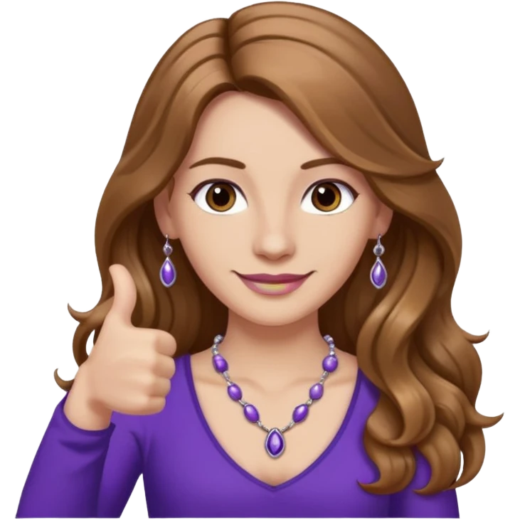 lady with long wavy русые hair, purple top, карие eyes, thumbs up, с бусами белые и серебром на шее emoji