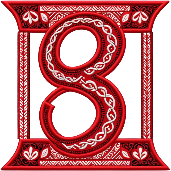 Stylized ruble sign (₽) with Udmurt traditional embroidery patterns, ethnic geometric decoration, red black and white colors emoji
