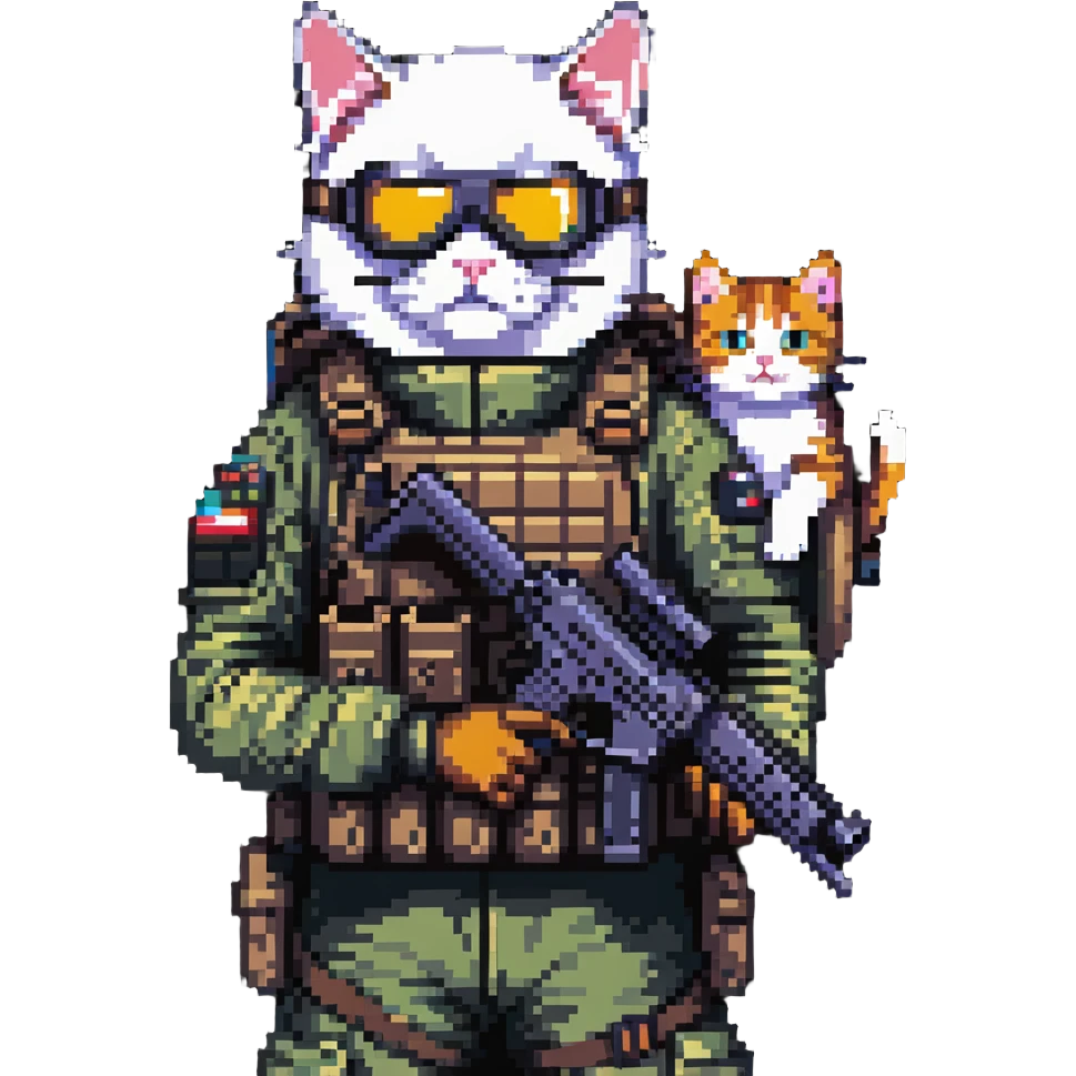 Simple pixel art of man with goggles in tactical gear holding gun and cat emoji