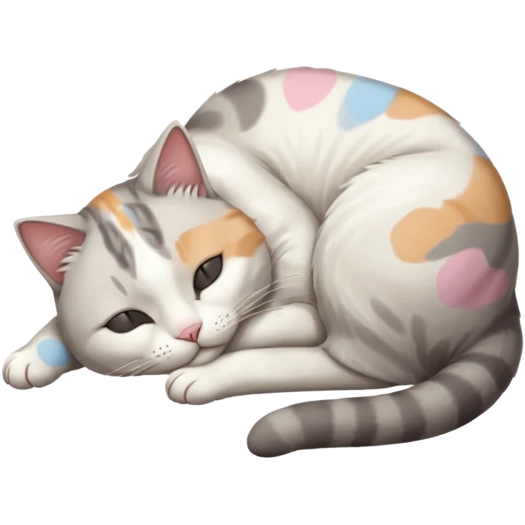 grey and white small cat with its eyes closed lying down with his head leaning on his paw emoji