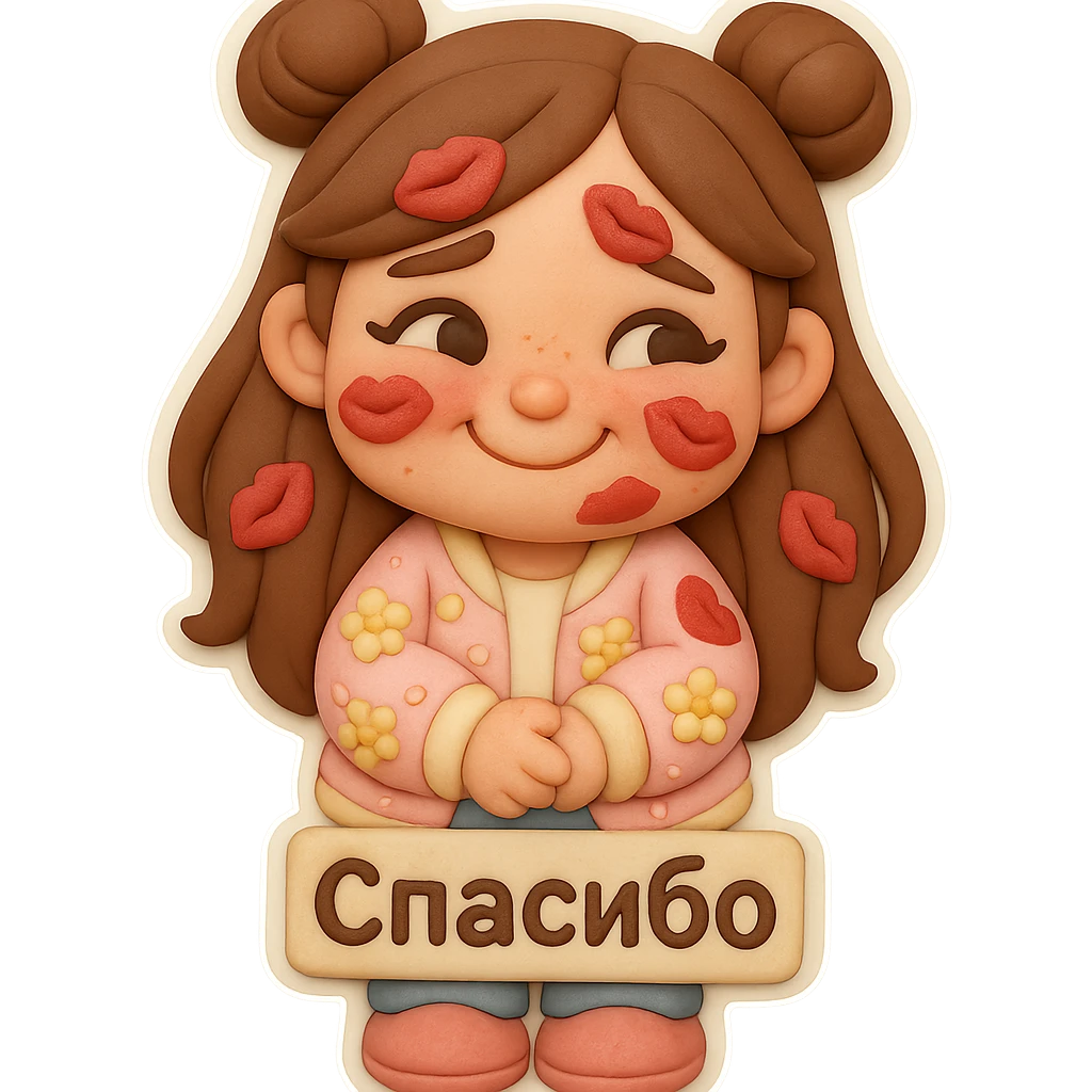 Create a 3D chibi fondant cake art style sticker of a girl based on the reference image. Preserve facial features and eye shape exactly as in the reference. She has long brown hair styled in two space buns, brown eyes, and shoes matching the reference. The girl is standing, blushing all over from embarrassment, covered in kiss marks, with a sweet, kind, and bashful smile, looking genuinely touched. Add a thick white outline like a sticker and a transparent background. At the bottom of the sticker, include a sign that says 'Спасибо'. Ensure the face, hairstyle, eye shape, and shoes match the reference exactly. emoji