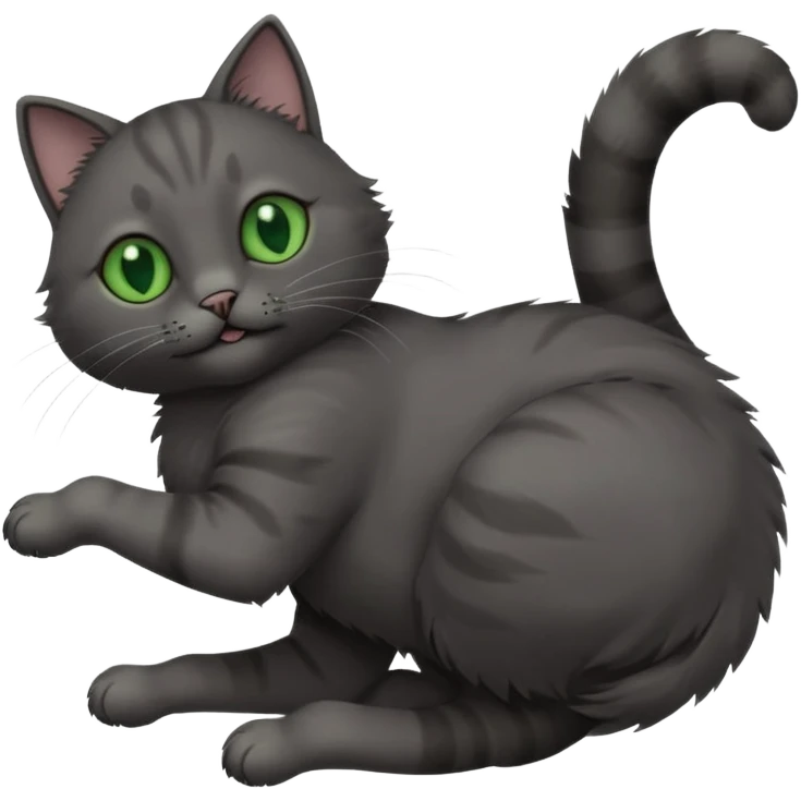 solid dark grey cat with green eyes, completely solid grey face, white toes/paws playfully rolling upside down emoji