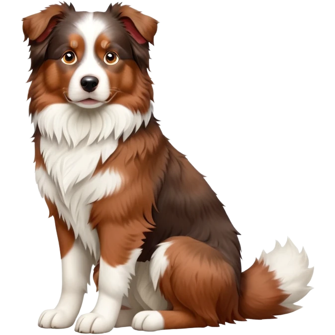 cinematic-[australian shepherd dog]-realistic-full-body-sitting-emoji,-tail-resting-loosely-beside-its-paws,-head-tilted-dramatically,-scruffy-[white faced and red merle]-fur,-simplified-yet-realistic-focused-features,-highly-detailed,-glowing-with-an-almost-sarcastic-glow emoji