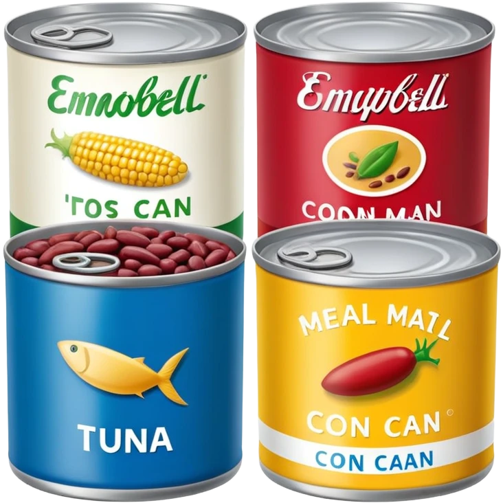 Four different canned food items in a row, soup can, beans can, corn can, tuna can emoji