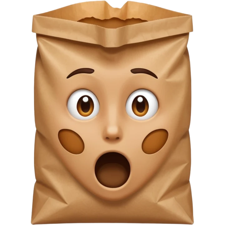 iOS emoji style, face with panic expression, breathing into a brown paper bag emoji