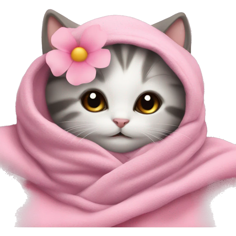 kitten in pink soft blanket with a pink flower clip on head emoji