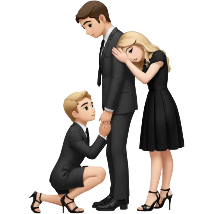  Sabrina carpenter kneeling down wearing a black dress with a tie with black heel sandals, putting her hand on man’s leg who is standing  emoji