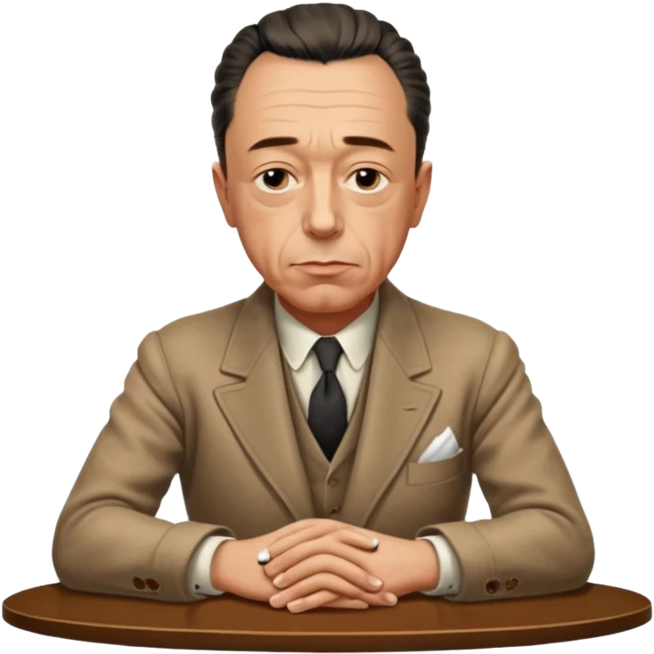 Albert Camus with a tiny cigar between his fingers, and with his both arms folded together loosely on the table. He looks chic, intellectual, philosophical, yet not so serious, thus so having fatal charm and attractive. emoji