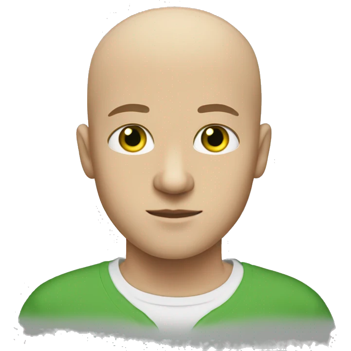 bald young guy with white eyebrows, green eyes and in a t-shirt emoji