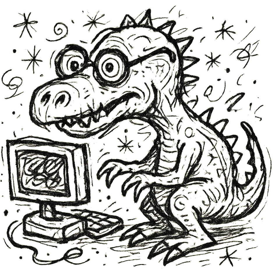 hand-drawn old dinosaur with glasses at a computer emoji