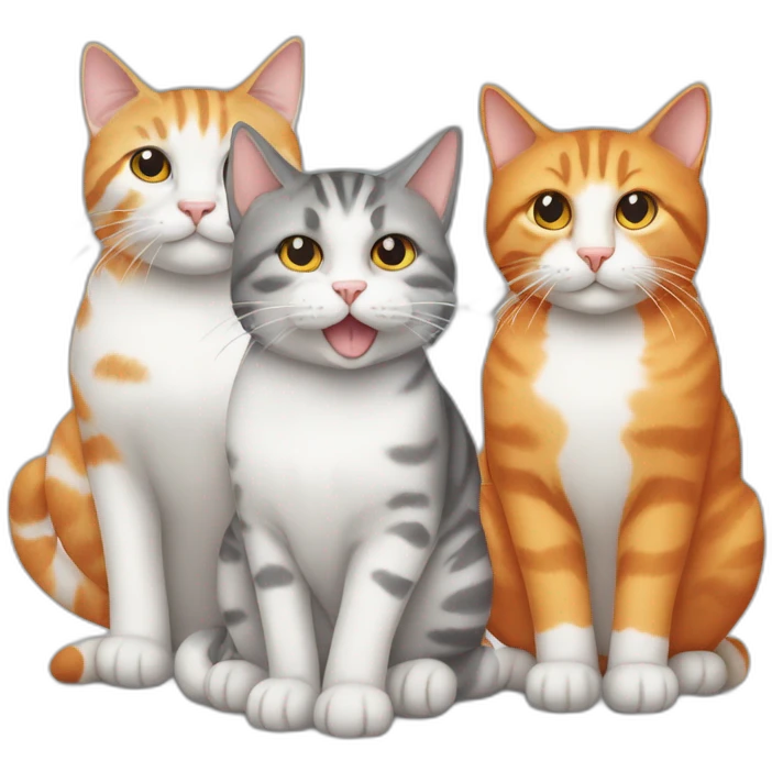 Three cats sitting, one grey tabby, one orange and white, one all orange emoji