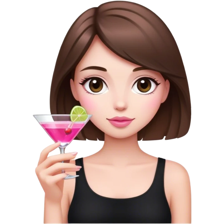 light brunette short hair girl black top holding a pink cosmo emoji