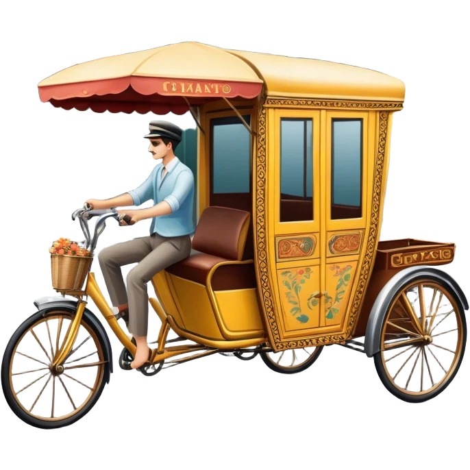 Cyclo rickshaw – Cinematic Realistic Cyclo Rickshaw, depicted as a charming, ornately painted three-wheeled cycle taxi with vintage detailing, set on bustling city streets under dynamic urban lighting that evokes cultural heritage and nostalgic charm. emoji