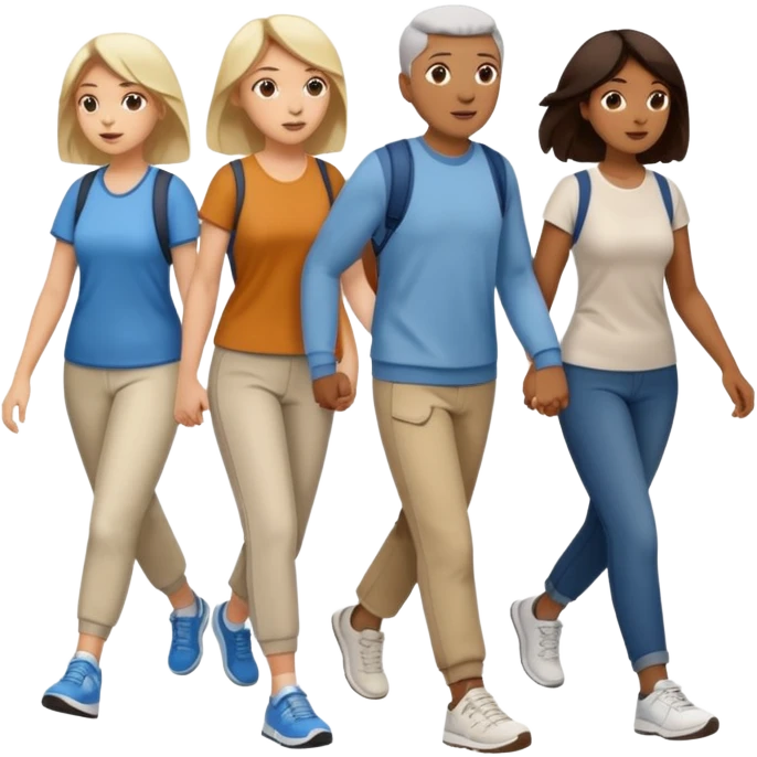 iOS emoji style - a men and 2 women in casual clothes and wearing trainers. Walking in the same direction quickly together. 
Not holding hands. 
 emoji