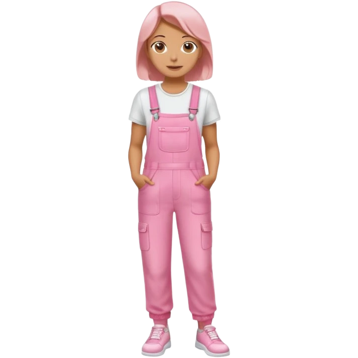 A dancing woman emoji wearing pink overalls, with a neutral or slight smile, simple design, and casual style with white shoes emoji