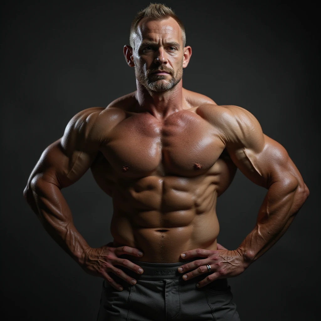 uomo in forma che intensifica i muscoli, posa da bodybuilder, iperrealismo 4K, variante 1 emoji