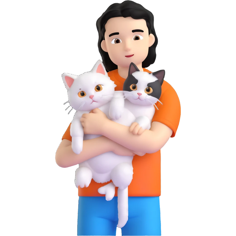 teenage boy with black hair wearing blue short sleeve shirt holding a white ragdoll cat emoji