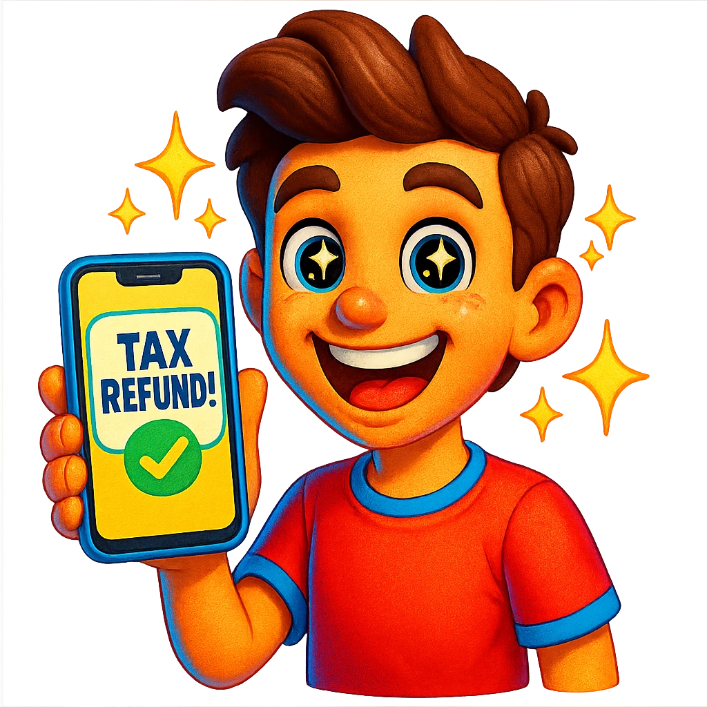 cheerful cartoon teenager holding a phone with 'Tax Refund!' notification, sparkling eyes, pop art colors, 3D emoji style, transparent background emoji