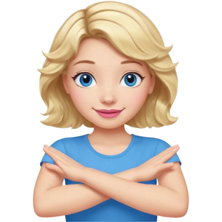 Girl Blonde short wavy hair,  blue eyes, cute blue top, long lashes, pink lips, smiling, making cross arms X with arms  emoji