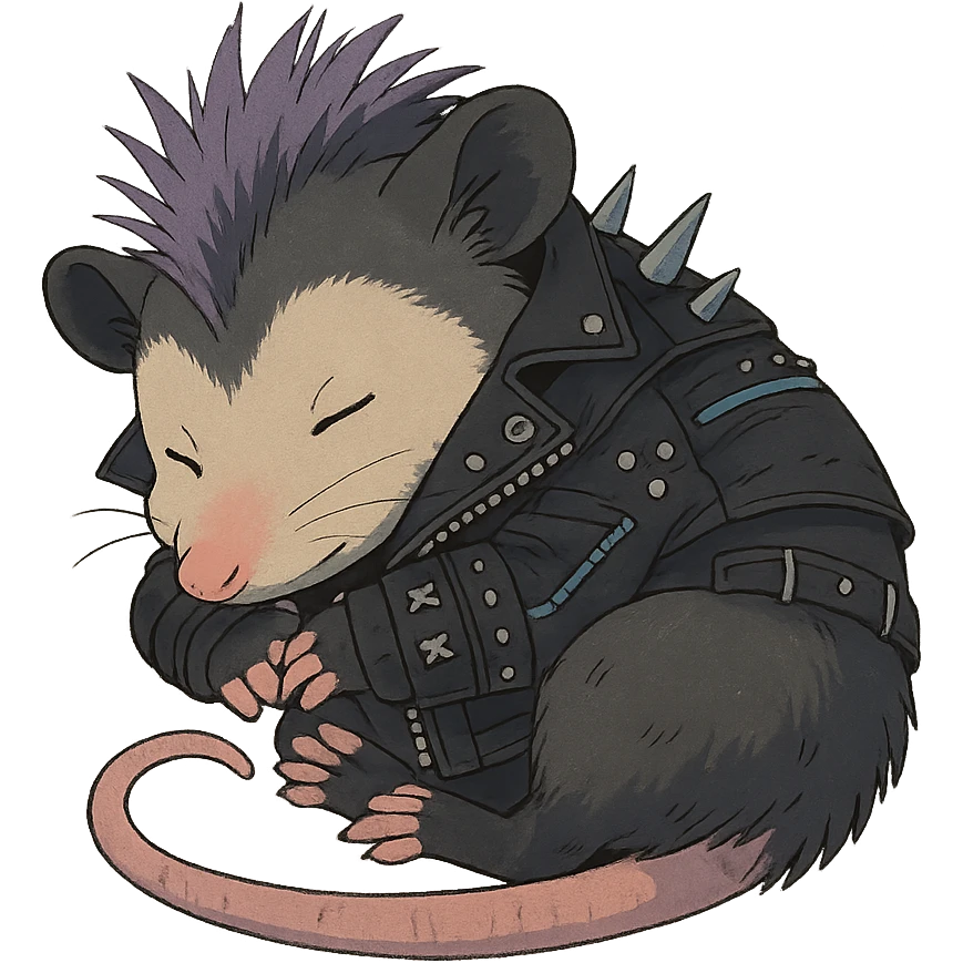 punk goth cyberpunk, a little baby possum taking a nap emoji