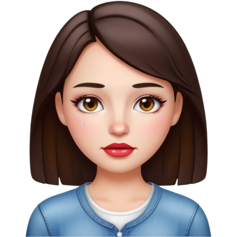 “Emoji brunette girl white top, dewy skin, heavy blush across cheeks and nose bridge, glossy cherry lips, soft eyeliner, teary sparkling eyes like hanni from new jeans emoji