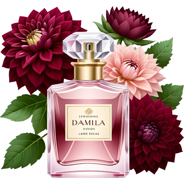 Aesthetic crystal perfume bottle in Pastel Rose with a subtle shimmer, placed next to a lavish bouquet of Crimson and Wine Red Dahlias, creating a harmonious and passionate composition. emoji