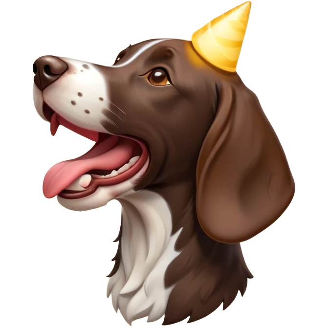 Cinematic Comical German Pointer Dog Portrait Emoji, Head tilted dramatically while yawning exaggeratedly, sleek brown and white fur, Simplified yet hilariously adorable features, highly detailed, glowing with an almost sarcastic glow, high shine, a mix of lazy and curious, stylized with a touch of playful whimsy, bright and alert but with a comical expression, soft glowing outline, capturing the essence of a mischievous yet overly dramatic dog, so meme-worthy it feels like it could leap off the screen and sassily demand attention, ready to become the internet’s next viral sensation! emoji