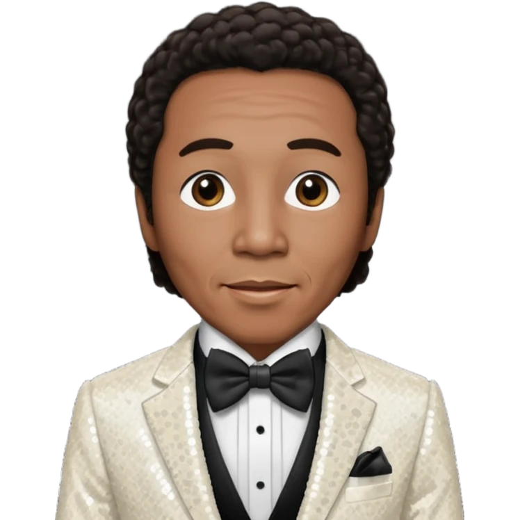 Smokey Robinson with long dark brown hair and short mustache, ivory sequin suit with bow tie  emoji