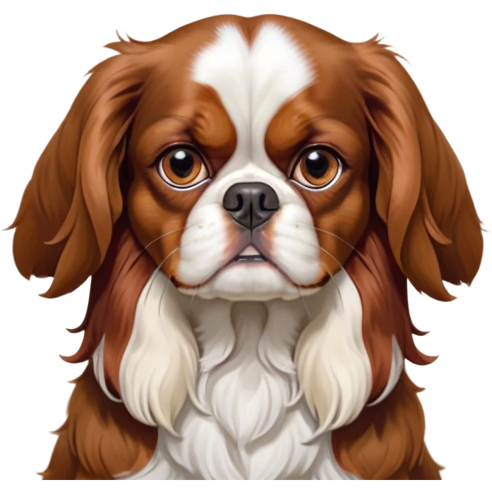 Cinematic Meme-Worthy Grumpy Blenheim Cavalier King Charles Spaniel Portrait Emoji, Head held high but eyes filled with dramatic disappointment, smooth Blenheim coat with striking chestnut and white patches, deeply furrowed brow forming an unmistakable scowl, floppy ears slightly angled back in disapproval, piercing brown eyes glaring with pure exasperation, Simplified yet hilariously over-exaggerated features, highly detailed, glowing with an aura of supreme annoyance, high shine, exhausted yet judgmental, stylized with an almost regal pettiness, bright but brooding, soft glowing outline, capturing the essence of a companion that has seen it all and is thoroughly unimpressed, so meme-worthy it feels like it could instantly become the next viral sensation of grumpiness! emoji