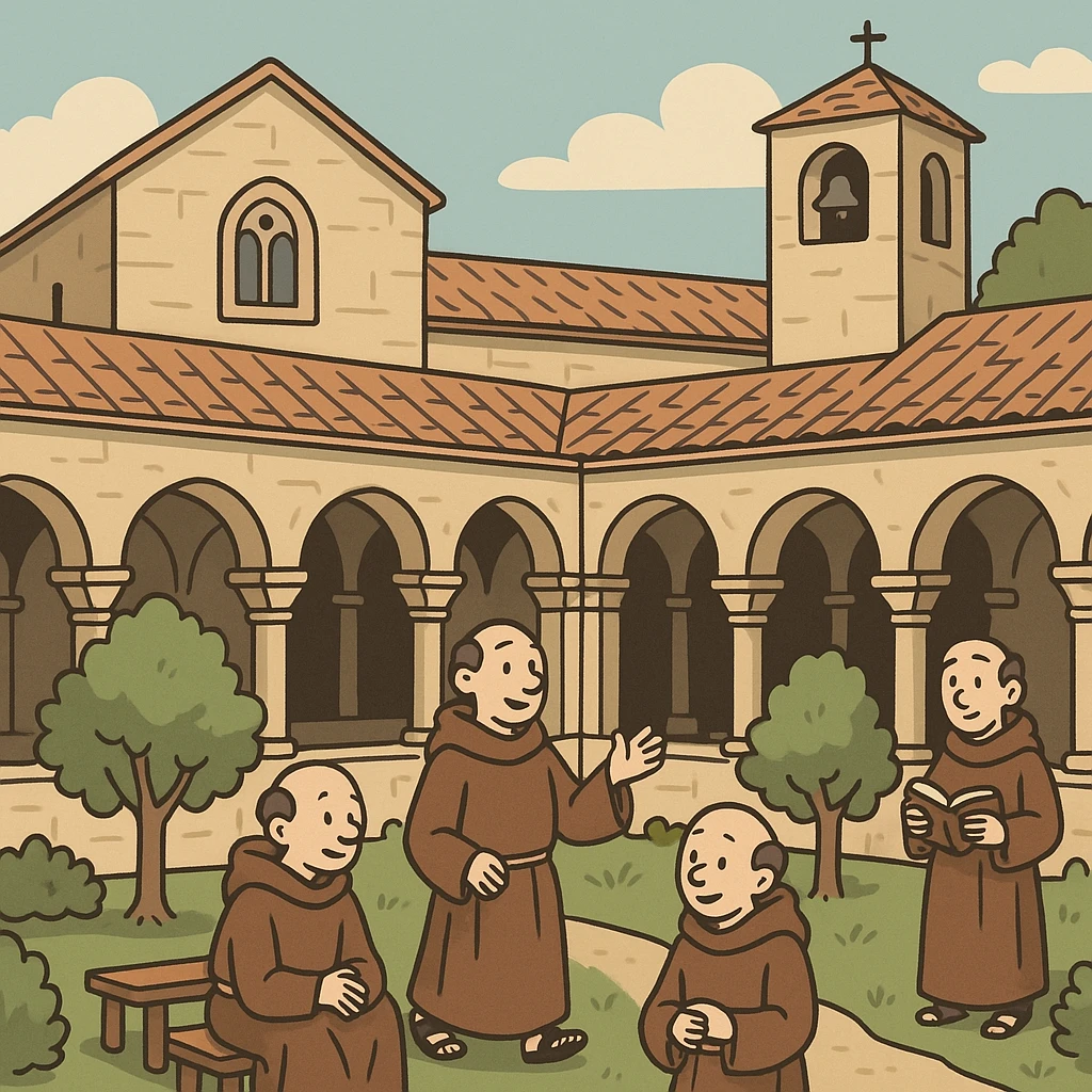 medieval monastery, cartoon style, stone building with arches, monks, inner garden, serene atmosphere emoji