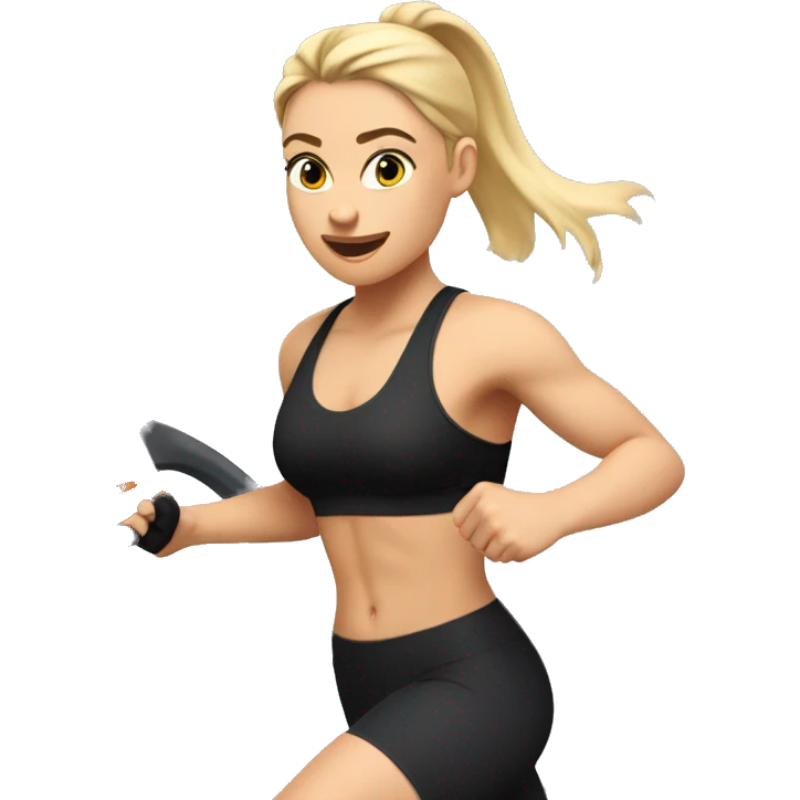 Girl with blonde hair in a ponytail running on a treadmill, she is wearing black leggings and a black sports bra emoji